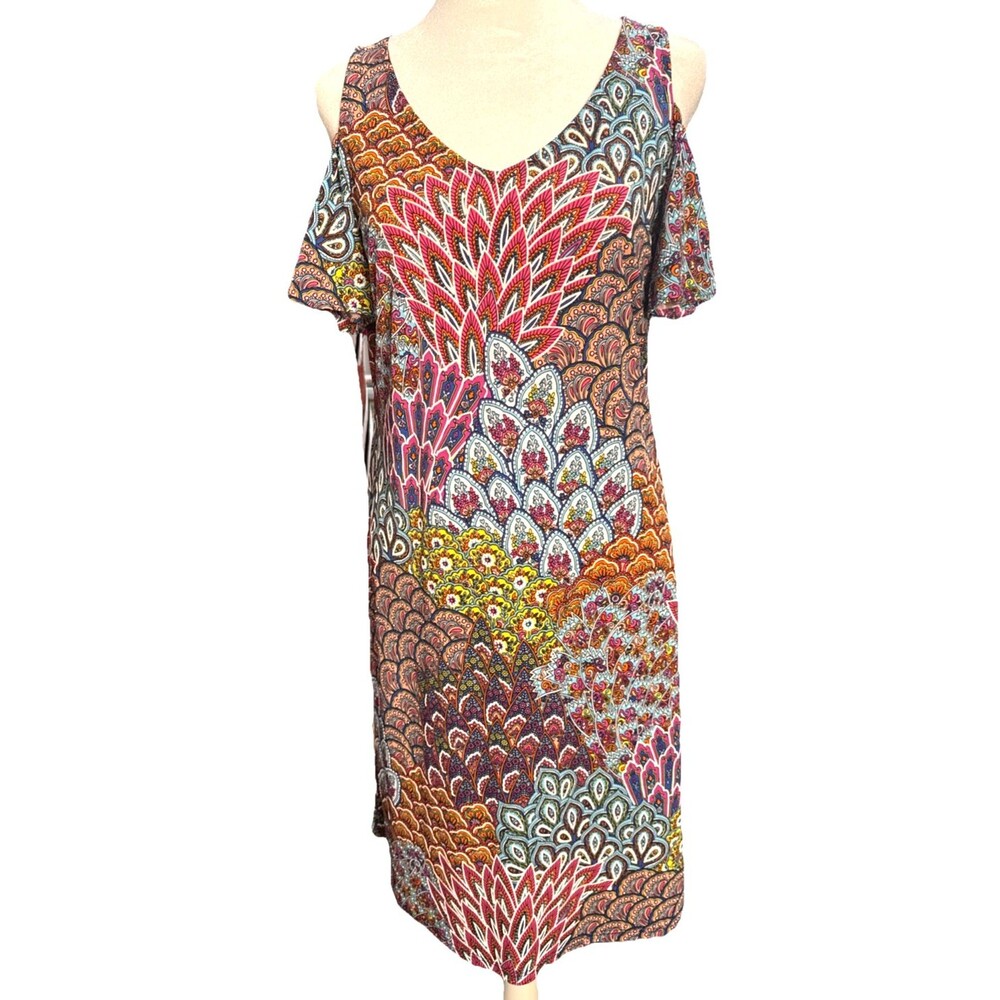 MSK Womens Multicolor Floral V-Neck Cold Shoulder Shift Dress PS Boho 70s Retro - Picture 2 of 8